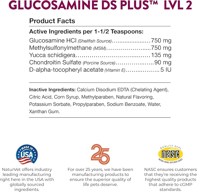 NaturVet Glucosamine DS Plus Hip & Joint Support Liquid Pet Supplement – Level 2 Moderate Care for Dogs & Cats – Includes Glucosamine, MSM, Chondroitin – 16 Oz