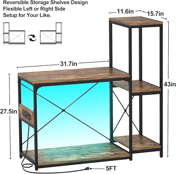 20-29 Gallon Fish Tank Stand with Power Outlet & LED Light, Reversible Wood Aquarium Stand with Shelves for Fish Tank Accessories Storage, Metal Frame, Turtle/Reptile Tank Stand, Rustic Brown