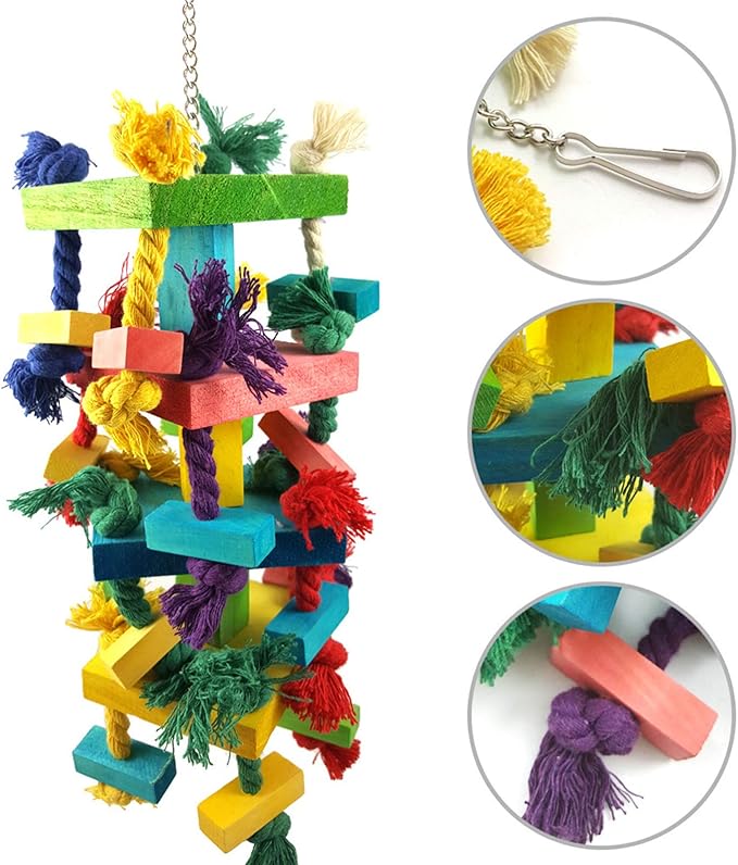 Bird Parrot Knots Block Tearing Chewing Toy, Multicolored Wooden Bird Parrot Toy Suitable for Macaws cokatoos, African Grey and a Variety of Amazon Parrots (Large Size - 13.8 Inch)