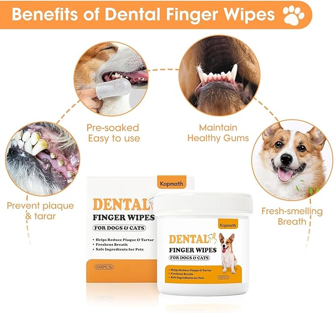 Teeth Cleaning Finger Wipes, Dog Dental Wipes, Reduce Plaque & Tartar, Freshen Breath, Safe & Natural Pet Dental Wipes for Dogs Teeth, Portable Dog Tooth Wipes for Cats,50 Ct,Unscented