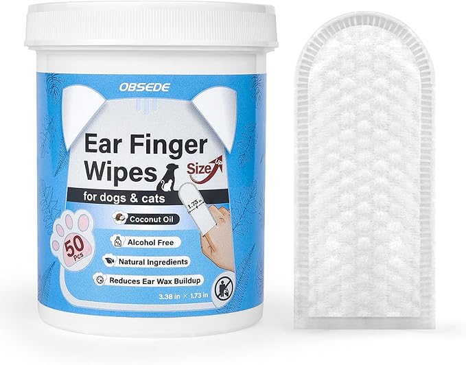 OBSEDE Dog Ear Wipes - Wider Ear Finger Cleaner Grooming Kit Care for Dogs and Cats Regular Soothing Odor Control Reduce Dirt Wax Build Up Pet Supplies Easy to Use Fresh Coconut Scent, 50 Count