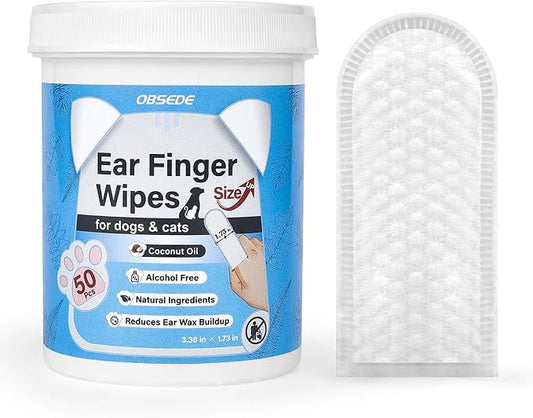 OBSEDE Dog Ear Wipes - Wider Ear Finger Cleaner Grooming Kit Care for Dogs and Cats Regular Soothing Odor Control Reduce Dirt Wax Build Up Pet Supplies Easy to Use Fresh Coconut Scent, 50 Count