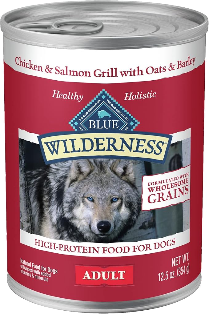 Blue Buffalo Wilderness High Protein Natural Adult Wet Dog Food Plus Wholesome Grains, Chicken & Salmon Grill 12.5-oz Cans (Pack of 12)