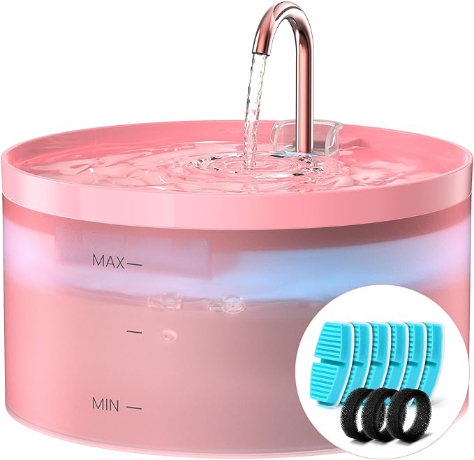 Pink Cat Water Fountain:with 6 Carbon Filters + 3 Sponge Filters - BEMOONY 108oz/3.2L Pet Water Fountain - Water Fountains Indoor Quiet Water Pump - Faucet Cat Fountain Suitable for Cats and Dogs