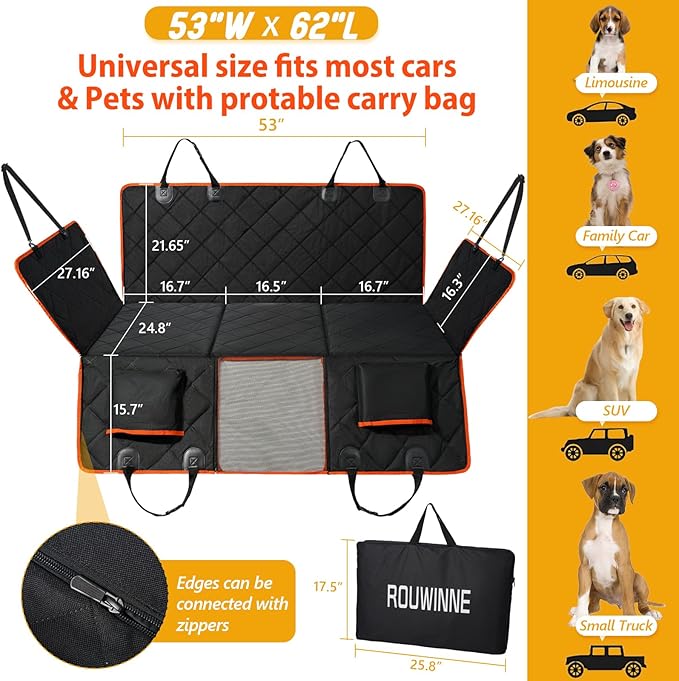 Back Seat Extender for Dogs, Dog Car Seat Cover Hard Bottom Holds 400lbs, Sturdy Backseat Extender for Dogs, Waterproof Dog Hammock for Car, SUV, Truck Orange