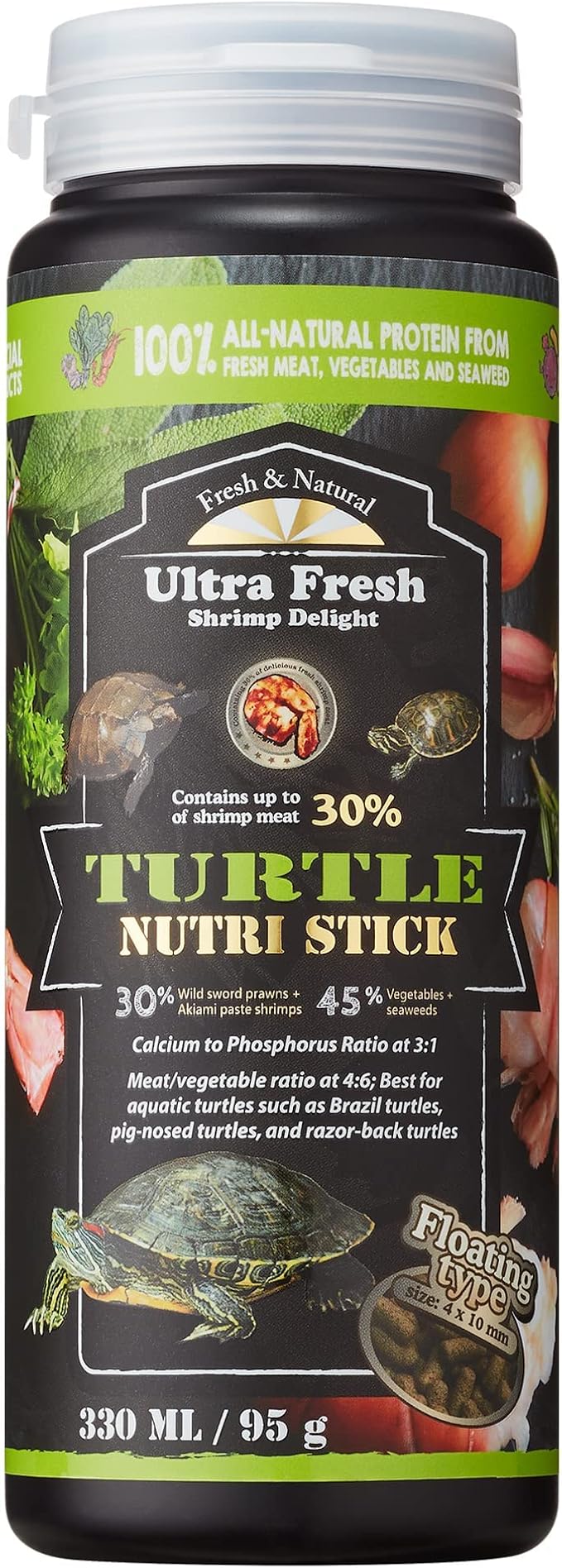 Ultra Fresh - Turtle Nutri Stick, Wild Sword Prawn, Calcium & Vitamin D Enriched Aquatic Turtle Food with Probiotics for Picky Turtles, Made from All Natural Ingredients 3.35 oz