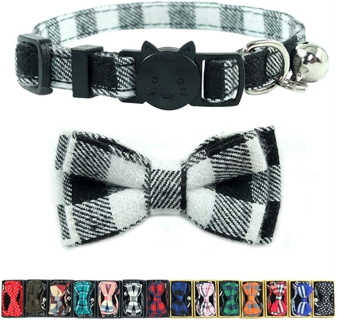 Cat Collars Breakaway with Bell and Bow Tie, Plaid Design Adjustable Safety Kitty Kitten Collar(6.8-10.8in) (Black Plaid)