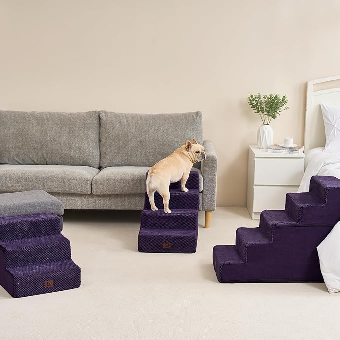 EHEYCIGA Dog Stairs for High Bed 22.5”H, 5-Step Dog Steps for Bed, Pet Steps for Small Dogs and Cats, Non-Slip Balanced Dog Indoor Ramp, Purple