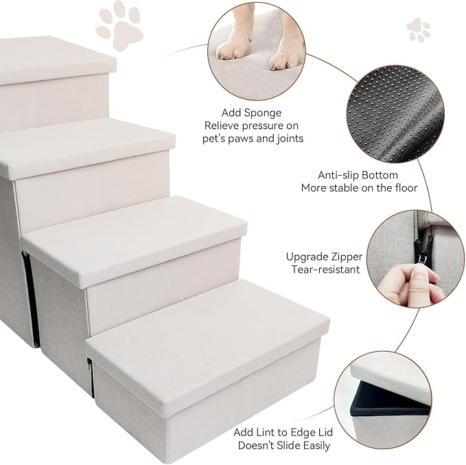 Dog Stairs, Dog Steps for High Beds 23" H, Folding Pet Stairs for Small Medium or Large Dogs Puppy with Storage for Bed and Couch, Dog Ramp for Car Hold Up to 200 lbs (Beige Gray, 4 Steps with Condo)