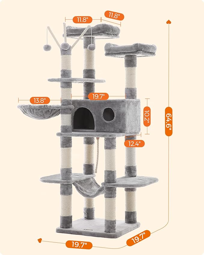 FEANDREA Cat Tree, Large Cat Tower, 64.6 Inches, Cat Activity Center with Hammock, Basket, Removable Fur Ball Sticks, Cat Condo, Light Gray UPCT087W01