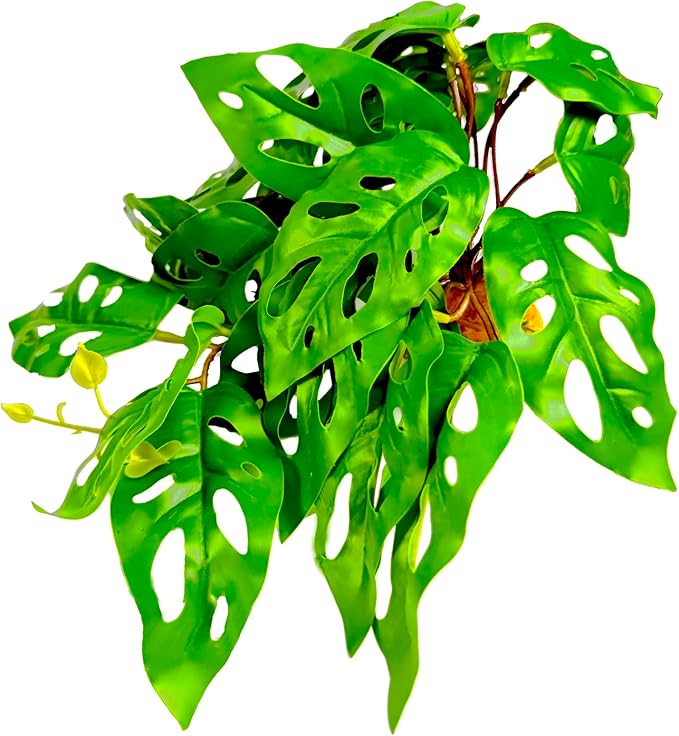 Reptile Artificial Plants with Base, Terrarium Decor Amphibian Habitat Plant, Bearded Dragon Tank Accessories fit Gecko Lizard Chameleon Snake Frog - Monstera Adansonni
