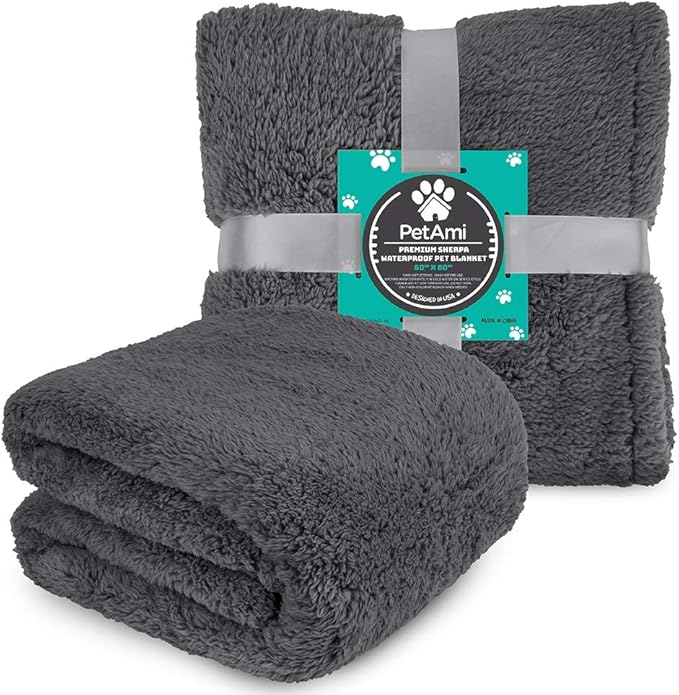 PetAmi Fluffy Waterproof Dog Blanket Fleece | Soft Warm Pet Fleece Throw for Large Dogs and Cats | Fuzzy Furry Plush Sherpa Throw Furniture Protector Sofa Couch Bed (Grey, 60x80)