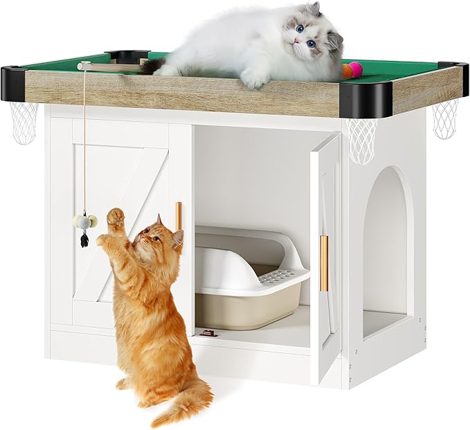 DWVO 2-in-1 Litter Box Enclosure Hidden with Cat Pool Table, Cat Litter Box Enclosure Furniture for Indoor, Wooden Cat Cabinet with Mini Pool Table Tower, 1 Feather Teaser Sticks & 6 Felt Balls, White