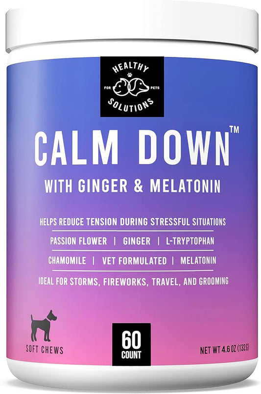 Calming Chews for Dogs - Dog Calming Treats for Anxiety & Stress Relief with Melatonin and Ginger - Aid with Storms, Grooming, Fireworks, Separation, Travel, Motion Sickness, & Sleep - 60 Soft Chews