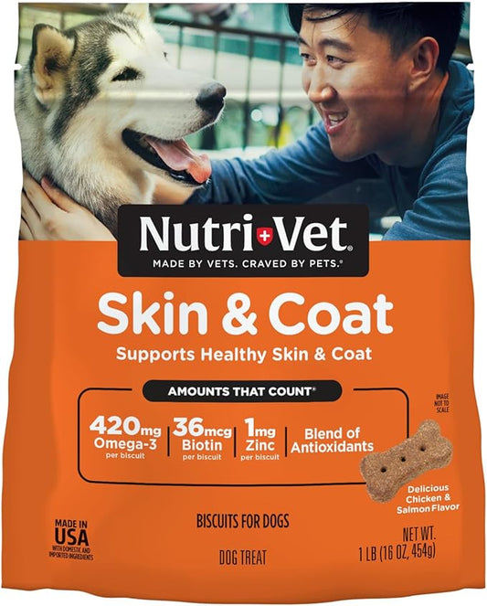 Nutri-Vet Skin & Coat Biscuits for Dogs - Tasty Dog Treat & Dog Skin and Coat Supplement - Small Sized Biscuit - Omega-3 and Biotin Dog Treat - 16 oz