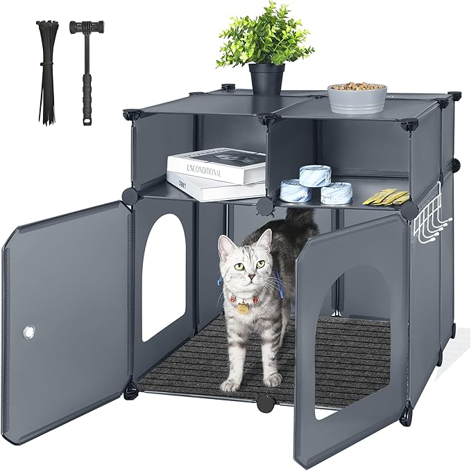 Cat Litter Box Enclosure, Plastic Covered Little Box with Mat, Splash Proof Litter Box Furniture, with Storage, 23.7 x 18.5 x 22.5 inches, End Table for Living Room, Gray CB81799GY