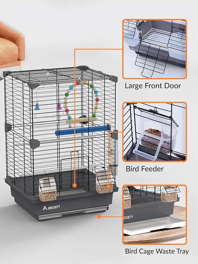 17 Inch Small Square Metal Pet Bird Cage, Parrot Cage, Bird Carrier Travel Cage, with Bird Standing Stick, Swing, Water Feeder, Easy to Clean, for Budgies, Zebra Finches and Other Small Birds