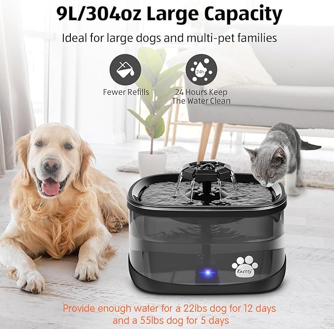 Kastty 2.5Gal/9.5L Dog Water Fountain 3 Flow Modes Cat Fountain with 2 Flower Spouts& 7" Larger Filter Super Filtration& Smart 3 in 1 LED Safe Pump, BPA-Free, Quiet, Ideal for Large Dogs& Multi Pets