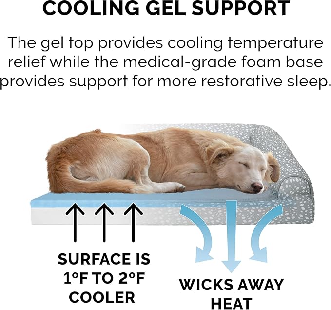 Furhaven Cooling Gel Dog Bed for Large Dogs w/ Removable Bolsters & Washable Cover, For Dogs Up to 95 lbs - Plush & Almond Print L Shaped Chaise - Gray Almonds, Jumbo/XL