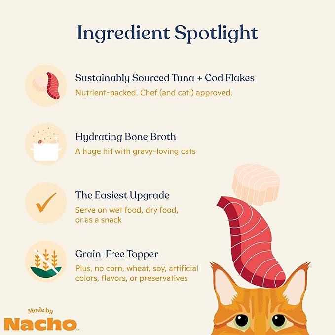 Made by Nacho Wet Cat Food Homestyle Bone Broth with Sustainably Caught Tuna and Cod Flakes Food Topper, Limited-Ingredient - 24ct