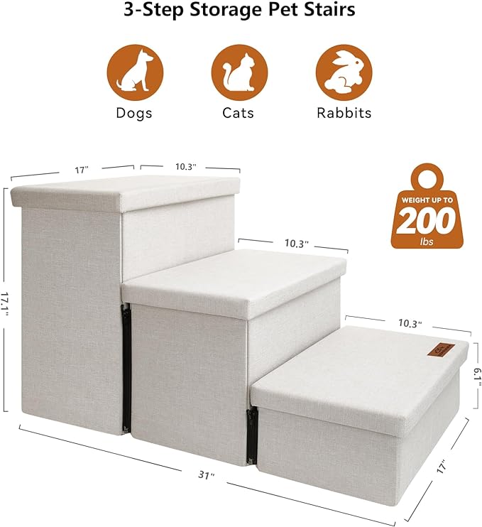 Dog Stairs, Dog Steps for High Beds 17.1" H, Folding Pet Stairs for Small Medium or Large Dogs Puppy with Storage for Bed and Couch, Dog Ramp for Car Hold Up to 200 lbs (Beige Gray, 3 Steps No Condo)