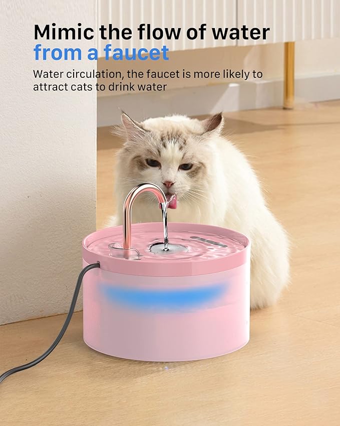 Cat Water Fountain, GIOTOHUN Faucet-Shaped 67oz/2L Cat Fountain, Super Silent Pet Water Fountain, Built-in Led Light, Activated Carbon Filter, Translucent Water Tank, Suitable for Multiple Pets,Pink