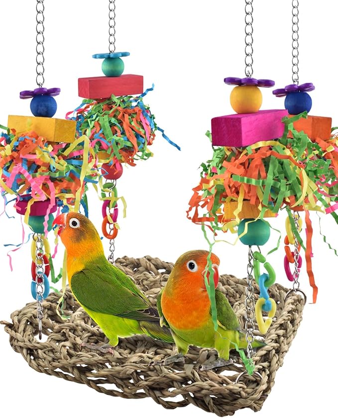 KATUMO Conure Toys, Bird Grass Swing Mat Parrot Climbing Hammock with Colorful Toys for Parakeet, Cockatiel, Sun Conure, Lovebird, Budgie, Small Birds