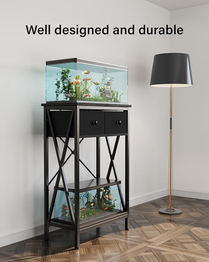 FILKO Aquarium Stand 5-10 Gallon, Metal Gallon Fish Tank Stands with Accessories Storage, Turtle/Reptile Terrariums Table,Breeder Tank Stand,Easy to Assemble(Tank not Included) (Black, 10 Gallon)