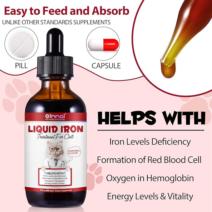 Liquid Iron Supplements for Cats,60ML,LiquiI Iron with Vitamin C and B12,Supports Anemia, Low Enery Levels and Lethargy,Promotes Blood Health, Helps with Formation of Red Blood Cell