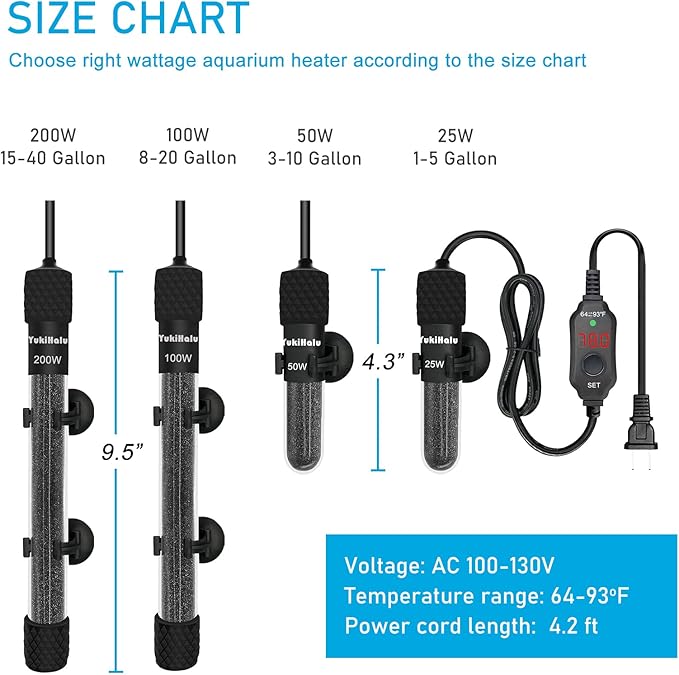 YukiHalu Small Submersible Aquarium Heater, Adjustable Mini Fish Tank Heater 25W 50W 100W 200W 300W with External Temperature Controller, LED Display, Used for 5/10/20/40/60 Gallons (200 Watts)