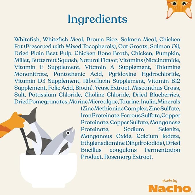 Made by Nacho Bone Broth Infused Dry Cat Kibble - Skin and Coat Support, Sustainably Caught Whitefish and Pumpkin - Premium Grain-Friendly Cat Food 4lb Bag, Limited Ingredients