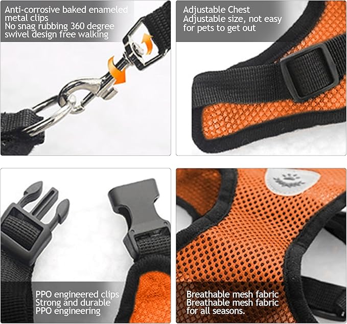 Summer cat Chest Harness and Leash, Anti-Escape Adjustable Soft mesh cat Leash and Chest Harness Set for All Types of Cats cat Vests (Size S, Orange)