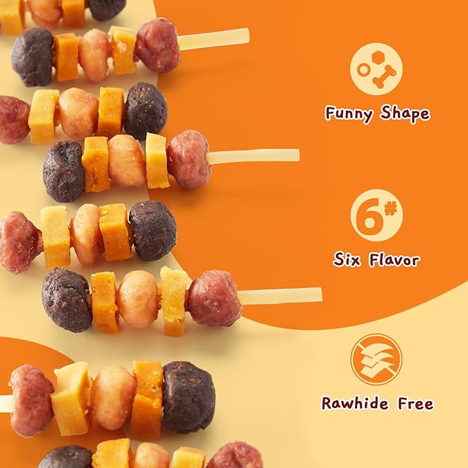 Jungle Calling Dog Treats, Six Flavor Dog Kabob with Cod, Rawhide Free Dog Chews, Made with Chicken, Duck, Beef, Sweet Potato and Pumpkin, Cod Sticks for Dogs