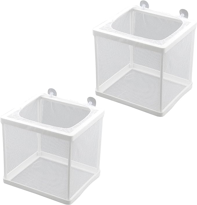 MY MIRONEY 6.3" x 5.63" x 6.22" Fish Incubator Mesh Box Aquarium Fish Breeder Box White Nylon Mesh Juvenile Fish Separation Net Fish Fry Hatchery with Suction Cups Pack of 2