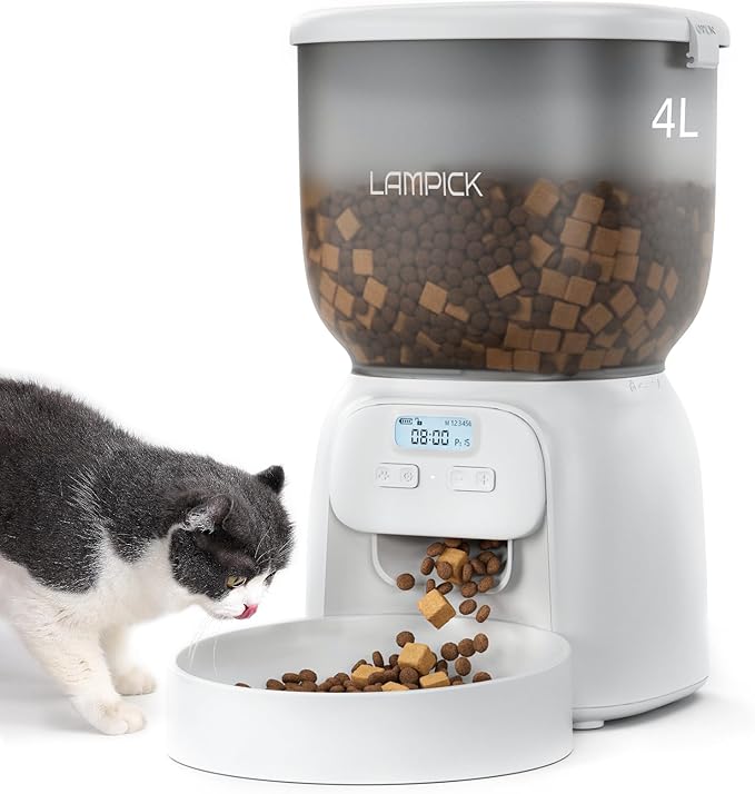 Automatic Cat Feeder, 4L Detachable Cat Food Dispenser for Dry Food Up to 15 Portions(8g/portion) 6 Meals Per Day, Dual Power Supply Timed Cat Feeders