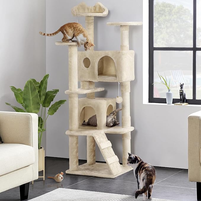 Yaheetech 62in Cat Tree Cat Tower for Indoor Cats, Cat Furniture w/Double Cat Condo, Scratching Posts, Multiple Platforms and Balls for Kittens & Cats, Beige