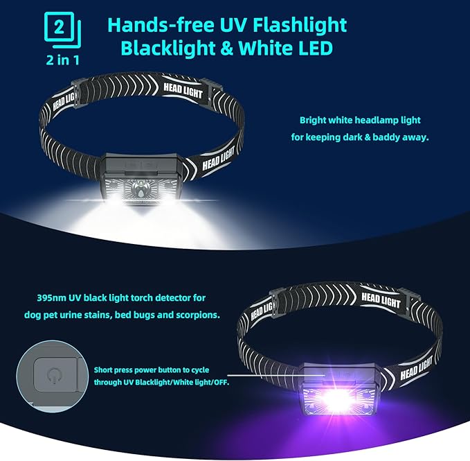 COSOOS 2IN1 UV Headlamp Flashlight Black Light, Rechargeable LED Hand Free Blacklight 395nm Mini Headlight with White & Ultraviolet Light, Detector for Pet Dog Cat Urine Stain,Bed Bug,Scorpions Finder