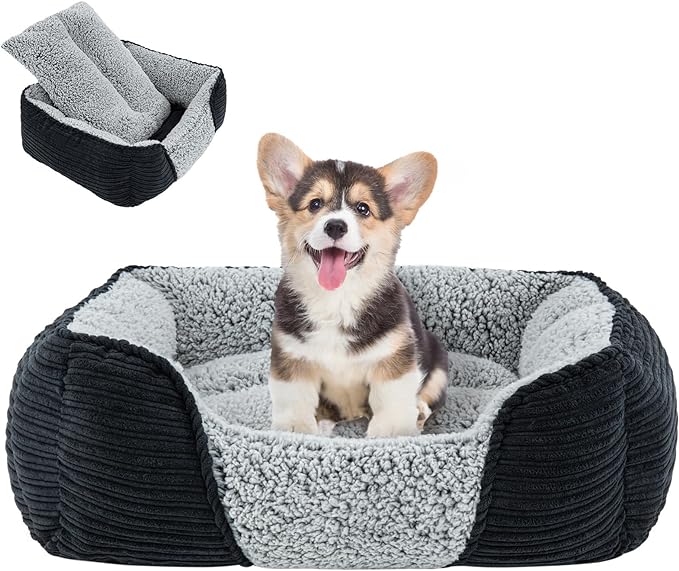 Miguel Washable Dog Bed with Removable Cushion for Small Dogs, Easy to Wash Pet Sofa Bed with Side, Rectangle Bolster Cat Bed Calming Cuddle Puppy Bed with Anti-Slip Bottom, Black 20 Inch