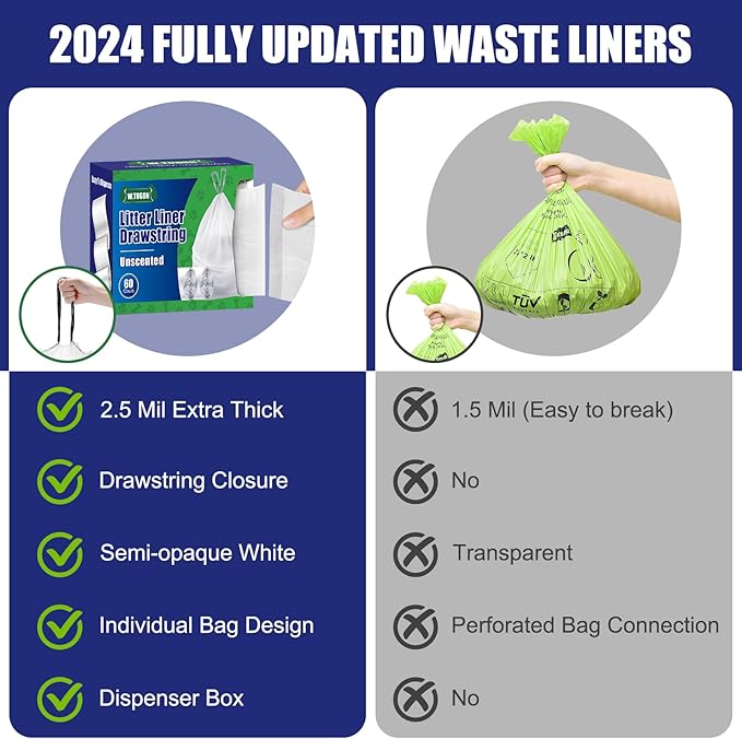 60 Pack Litter Box Robot 3 and 4 Waste Bags, 2.5 Mils Extra Thick Litter Box Liner, Box Drawstrings Closure Waste Bags for Self-Cleaning Litter Box