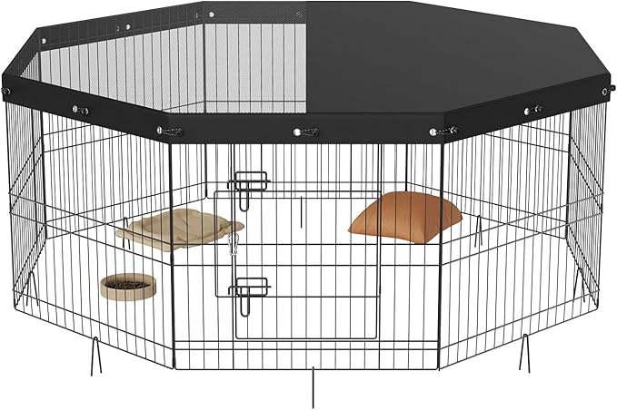 VEVOR Foldable Metal Dog Exercise Pen, Pet Puppy Playpen Yard Fence with Top Cover & Door, Indoor Outdoor 8 Panels 24" W x 24" H Dogs Crate Kennel with Ground Stakes for Small & Medium Dogs