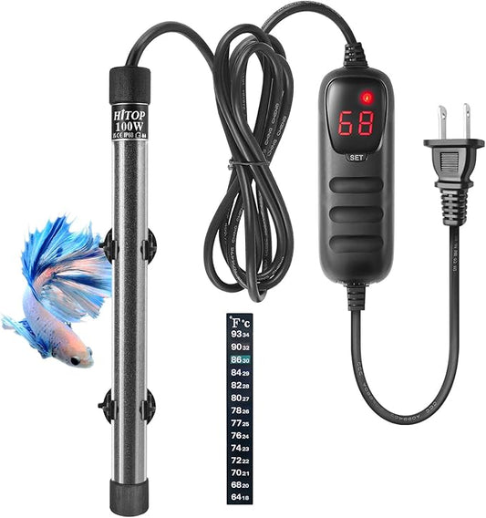 HITOP Mini Submersible Aquarium Heater -100W Digital Heater for Fish Tank Turtle Tank 10-25 Gallon，Saltwater and Fresh Water with Temperature Controller (100W)