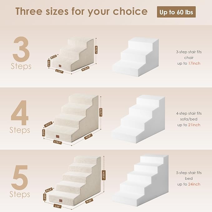 EHEYCIGA Dog Stairs for Small Dogs 15.7" H, 3-Steps Dog Steps for Small Dogs and Cats, Slope Pet Steps with Non-Slip Bottom, Beige