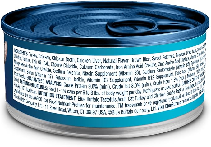 Blue Buffalo Tastefuls Wet Cat Food Paté, Made with Natural Ingredients | Turkey and Chicken Entrée, 5.5-oz. Cans (24 Count)