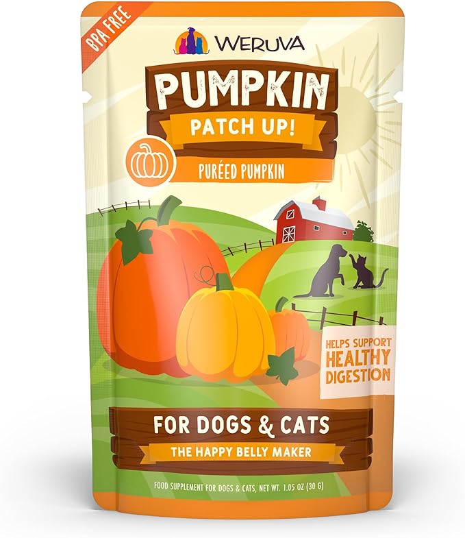 Weruva Pumpkin Patch Up! Pumpkin Puree Pet Food Supplement for Dogs & Cats, 1.05oz Pouch (Pack of 12)