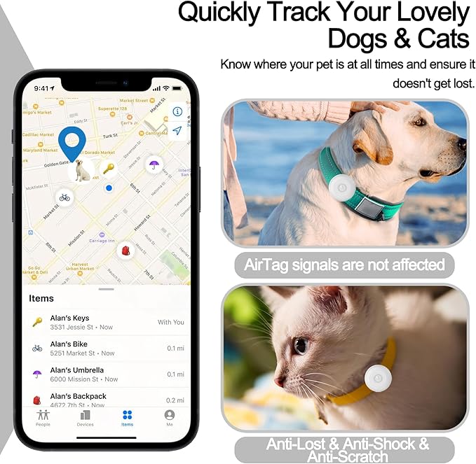 IPX8 Waterproof AirTag Dog Collar Holder, Hidden Air Tag Case for Cat Collar, Anti-Lost Silicone Cover for AirTag GPS Tracker Compatible with Pets Loop, Fits All Width Collars(White S)