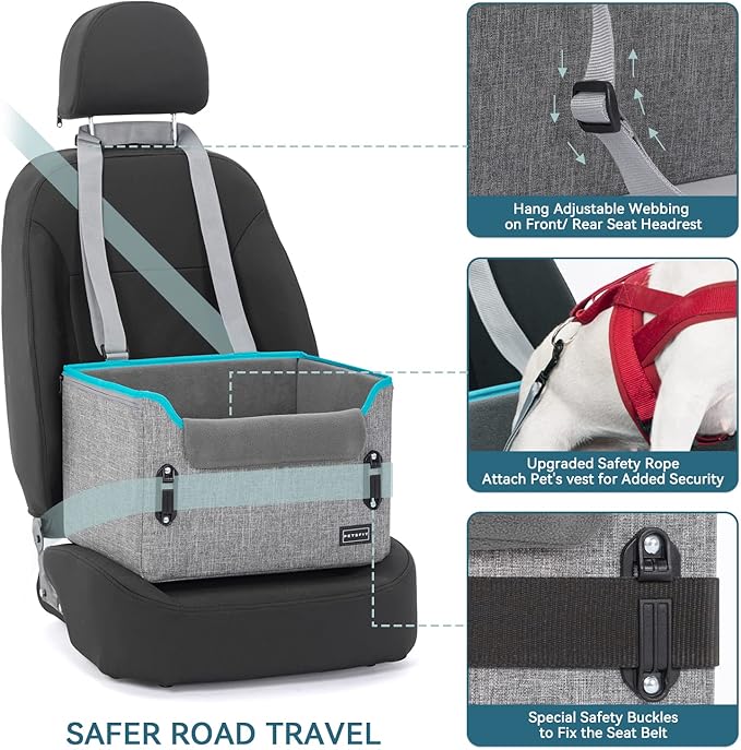 PETSFIT Small Dog Car Seat, Puppy Portable Dog Booster Car Seat for Car with Clip-On Leash, Adjustable Straps Suitable for Small Pets Up to 25lbs (Grey)