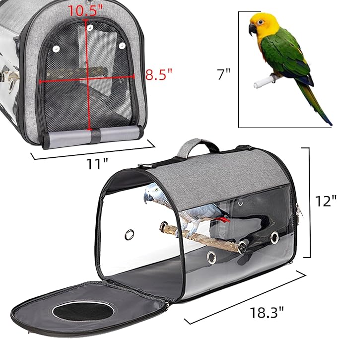 Lightweight Bird Parrot Carrier Travel Bag with Perch Stand, Waterproof Pads, for Parakeets Cockatiels Conures Finches Love Birds Small Medium Birds - Gray