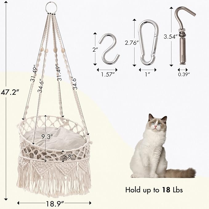 MEWOOFUN Macrame Cat Hammock, Hanging Cat Bed Hammock Cat Swing for Indoor Cats, Boho Cat Swing Bed for Sleeping, Playing, Climbing, and Lounging (Beige)