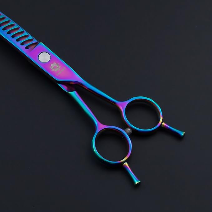 6.5"/8.0'' Professional Chunker Shear Twin Tail Downward Curved Pet Grooming Thinning/Blending Scissors Dog&cat Grooming Chunkers Shear (8 inches) Rainbow