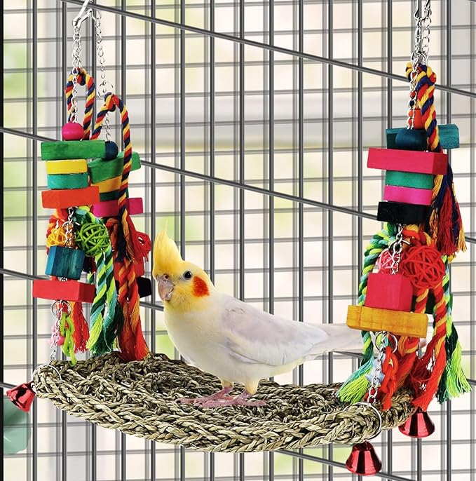 Bird Toys Parakeet Toys Conure Toys Bird Foraging Wall Toy,Seagrass Woven Hammock Swing Mat for Climb Perch Swing with Colorful Wooden Chewing Toys for Lovebirds,Parakeets,Conure,Cockatiel (Large)